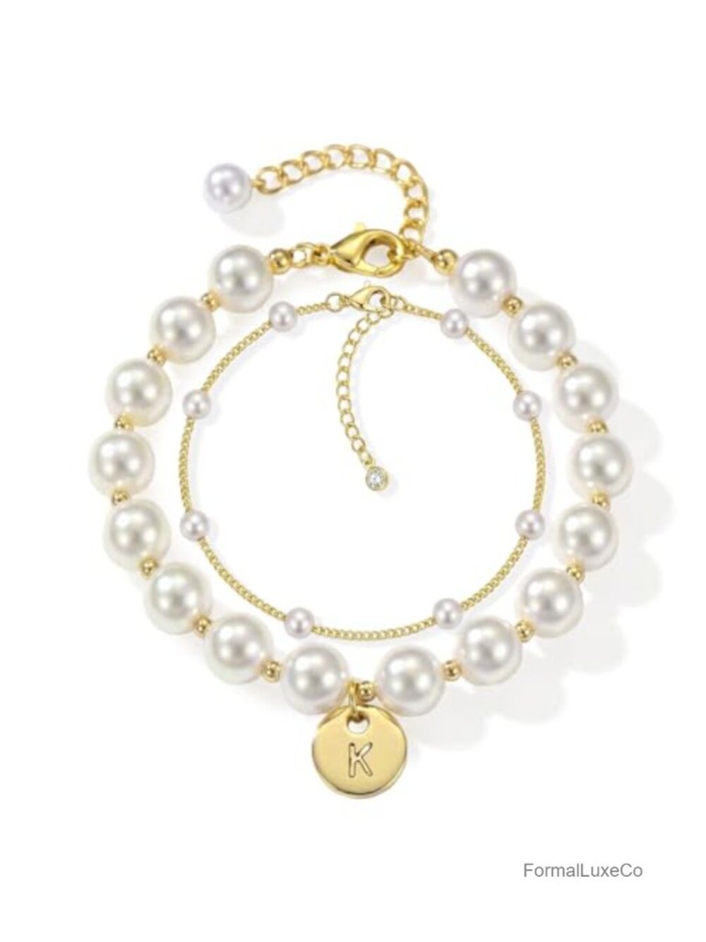 2 Pcs Pearl & Gold Initial Bracelet Set, Dainty Charm Cuff Stack Bracelets for